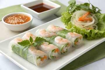 Vietnamese spring rolls with shrimp, served with dipping sauce, minimal presentation