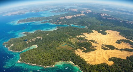 Aerial View of Coastal Island with Sand Dunes and Lush Forest