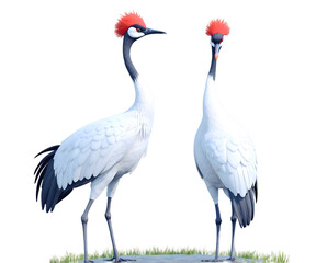 Fototapeta premium Elegant Pair of Red-Crowned Cranes in a Classic Illustration, Symbolizing Longevity and Fidelity in Traditional East Asian Art and Culture