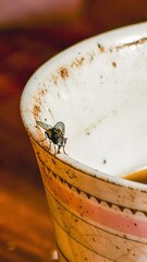 Detailed close-up shot of a common housefly perched on the edge of a coffee cup