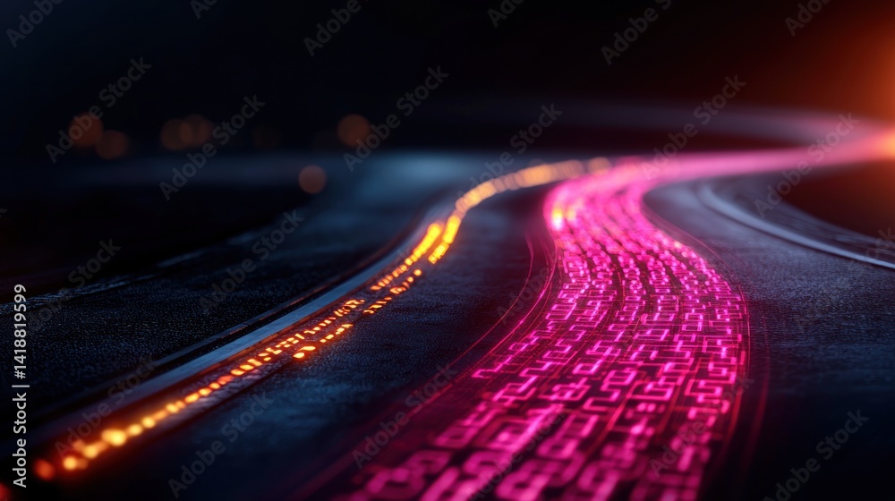 Canvas Prints digital road, futuristic highway, glowing code, city skyline in background. use technology, data vis