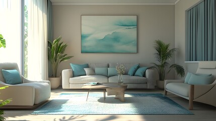 An inviting office living room in neutral tones of beige and gray, accented with soft blue pillows and green wall art, illuminated by natural light filtering through sheer curtains, creating a calm 