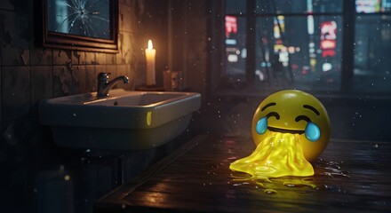 Humorous and surreal scene showcasing an emoji experiencing digital malaise in a bathroom
