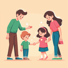 vector image of parents and small children greeting