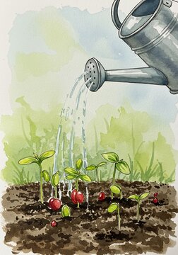 Arrosage printanier doux aquarelle jeunes pousses. AI Generated