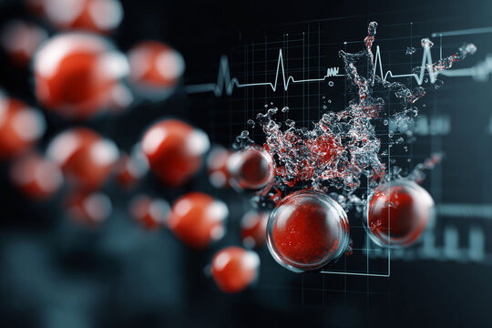 Hyperkalemia potassium diagnosis. Electrolyte treatment. Blood symptom. Kidney medical. Conceptual image of potassium ion overload in a scientific context.