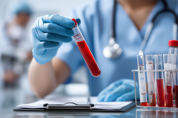 Hyperkalemia potassium diagnosis. Electrolyte treatment. Blood symptom. Kidney medical. Nurse conducting a medical lab test in a clinical setting.