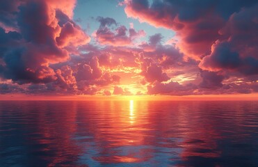 Obraz premium breathtaking sunrise over serene ocean with radiant light rays colorful clouds calm water surface golden hour dramatic skies symmetrical composition
