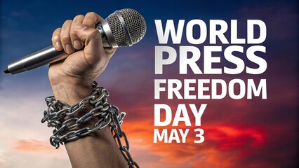 World Press Freedom Day, Fist grips microphone, wrapped in chains, demanding journalistic liberty globally.