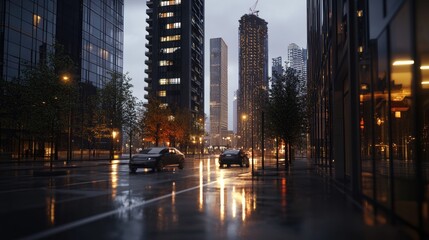 Obraz premium Rainy City Street at Dusk, Cars on Wet Pavement, Construction in Background. Use Stock Photo
