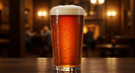 Refreshing pint of amber beer on a wooden bar in a cozy pub setting