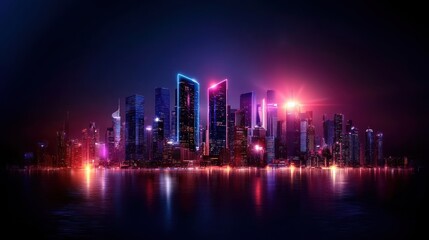 Fototapeta premium Neon cityscape skyline at night, vibrant city lights reflecting on water