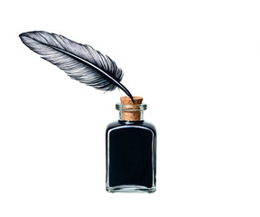 Elegant Still Life, A Vintage Ink Bottle with Feather Quill, Evoking Nostalgia and the Timeless Beauty of Traditional Writing in a Contemporary Illustration