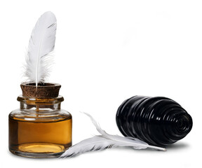 Elegant still life illustration, Feather quill in inkwell beside a spiral object evokes classic writing tools and sophisticated creative expression with timeless appeal