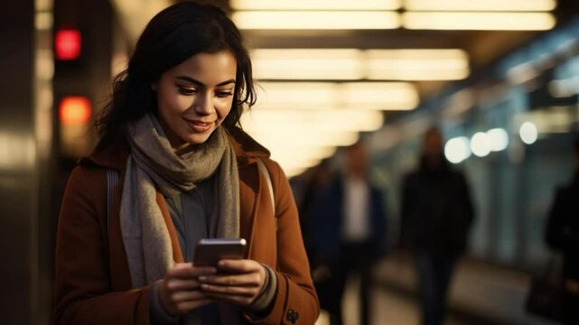 A woman, bathed in the ambient glow of the station, is completely absorbed in her mobile.