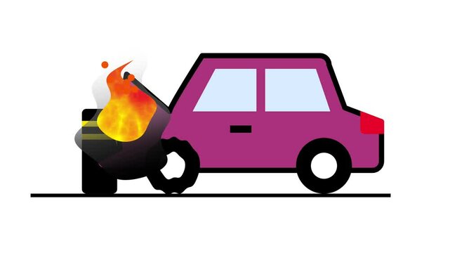 A pink car is on fire from the engine,  representing a severe vehicle malfunction or unexpected mechanical issue while driving.