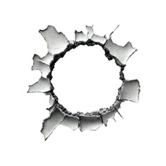 Dramatic bullet hole damage revealing darkness against stark contrast background