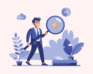 Employee performance evaluation, appraisal or annual review for goals achievement, assessment for rating or feedback concept, businessman manager use magnifier to analyze employee with 5 stars rating.