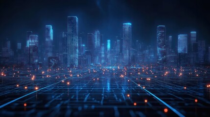 Fototapeta premium Futuristic city with digital grid glowing buildings cyberpunk technology smart network navigation ai data communication security innovation