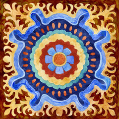 Watercolor painted tile with hand drawn geometrical and floral ornaments 