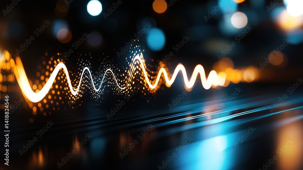 Canvas Prints abstract glowing wave pattern on dark surface with city lights in background