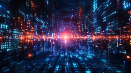 Futuristic digital cityscape with neon lights glowing binary code cyberpunk network technology connection cyberspace data particles
