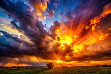 Fototapeta premium Silhouetted nature bathed in the fiery glow of a setting sun, storm clouds brewing.