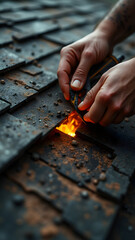 Hands tear rotten decking under storm-light. Drone POV reveals gaping holes. Textures: moldy wood, snagged gloves, charred edges.