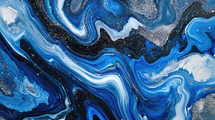 Fototapeta premium An abstract painting of swirling blues and whites with shimmering silver accents.