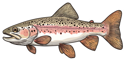 A meticulous digital illustration shows a rainbow trout in profile, rendered in meticulous detail. The fish's body is rendered in realistic colors;