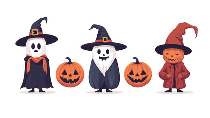 The digital illustration shows four cartoon characters in Halloween costumes, including two that look like ghosts, wearing pointy witch hats and dark blue and black capes;