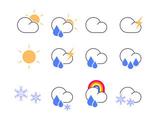 Flat style weather icon set including sun, cloud, rain, lightning, snow, and rainbow. Simple minimal design for forecast or climate app interface and infographic
