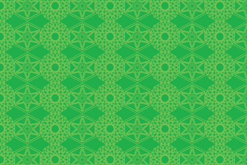 Green Seamless Geometric Pattern with Circular and Star Motifs.