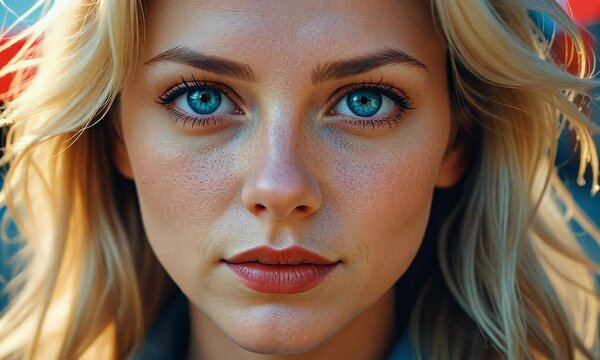 A captivating close-up portrait of a young woman, showcasing her striking blue eyes and radiant blonde hair.  The image is a beautiful example of portrait photography.