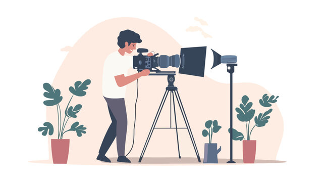 Flat vector illustration of a photographer meticulously operating a large format professional camera mounted on a tripod. The camera has multiple lenses, indicating high-end equipment.
