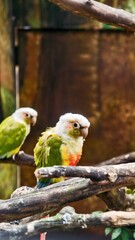 Two adorable white-headed conure parrots perched on a rustic wooden branch