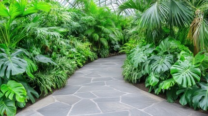 Obraz premium Tranquil Pathway Through Lush Greenery: A serene stone path winds its way through a verdant tropical paradise, inviting you to explore the lush foliage and embrace tranquility.