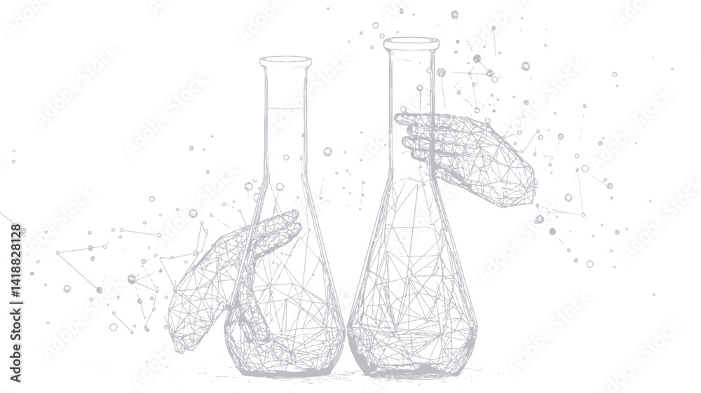 Poster abstract polygonal scientific test tubes with hands collecting puzzle - low poly wireframe vector on
