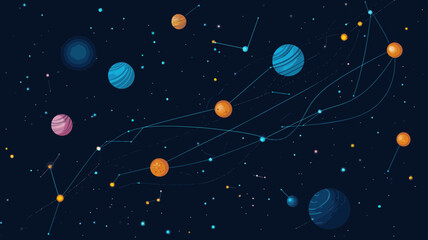 Ethernet Cable in Starry Sky Abstract Vector, Network Connections in Space, Planets and Stars Wireframe Concept, Minimalist SVG