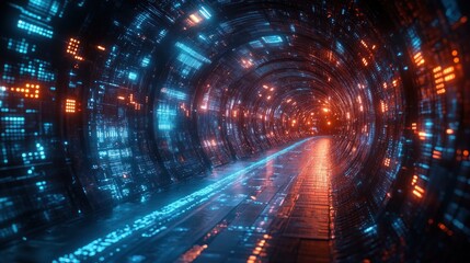 Futuristic digital data streams in high-tech cyberspace with glowing blue network connections and volumetric lighting