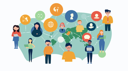 Global Social Networking Concept with Diverse People Connected through Technology in Abstract Flat Style Vector Illustration