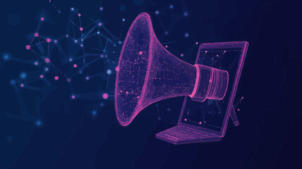 Digital Marketing Mesh Art: 3D Laptop and Megaphone Wireframe Illustration for Internet Targeted Advertisement and Promotional Campaigns