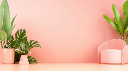 Serene Botanical Corner: A tranquil and minimalistic interior setting, featuring a charming pastel-colored chair embraced by vibrant greenery and the gentle embrace of a warm pastel wall.