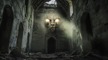 Mysterious abandoned building with a lion face. Shadows and light create an eerie atmosphere in the crumbling structure.