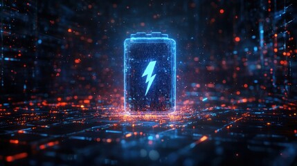 Futuristic glowing battery icon with lightning symbol high power electric energy renewable clean technology digital abstract background