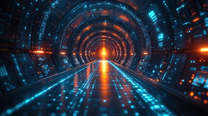 Futuristic digital corridor with glowing blue grid lines infinite perspective cyberpunk technology concept