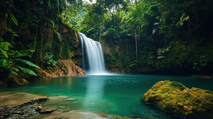 Fototapeta premium Lush waterfall cascading into a tranquil pool, surrounded by dense tropical foliage