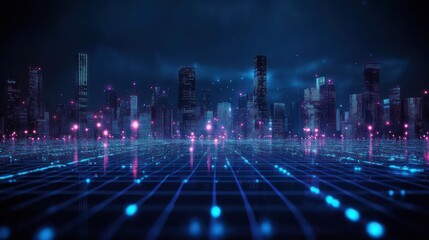 Futuristic cyberpunk cityscape with glowing holographic buildings digital grid modern technology smart navigation network connection ai system wireless communication