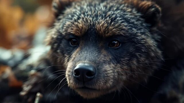 A captivating close-up shot of a dark-furred canine, possibly a wolf or wolfdog hybrid, amidst fallen autumn leaves in a forest. Its intense gaze is striking.