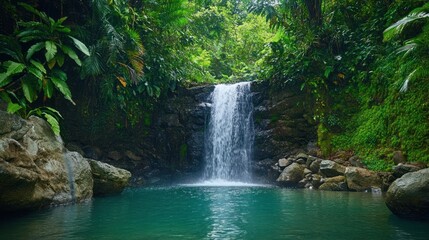 Lush waterfall cascading into a turquoise pool, surrounded by dense tropical foliage